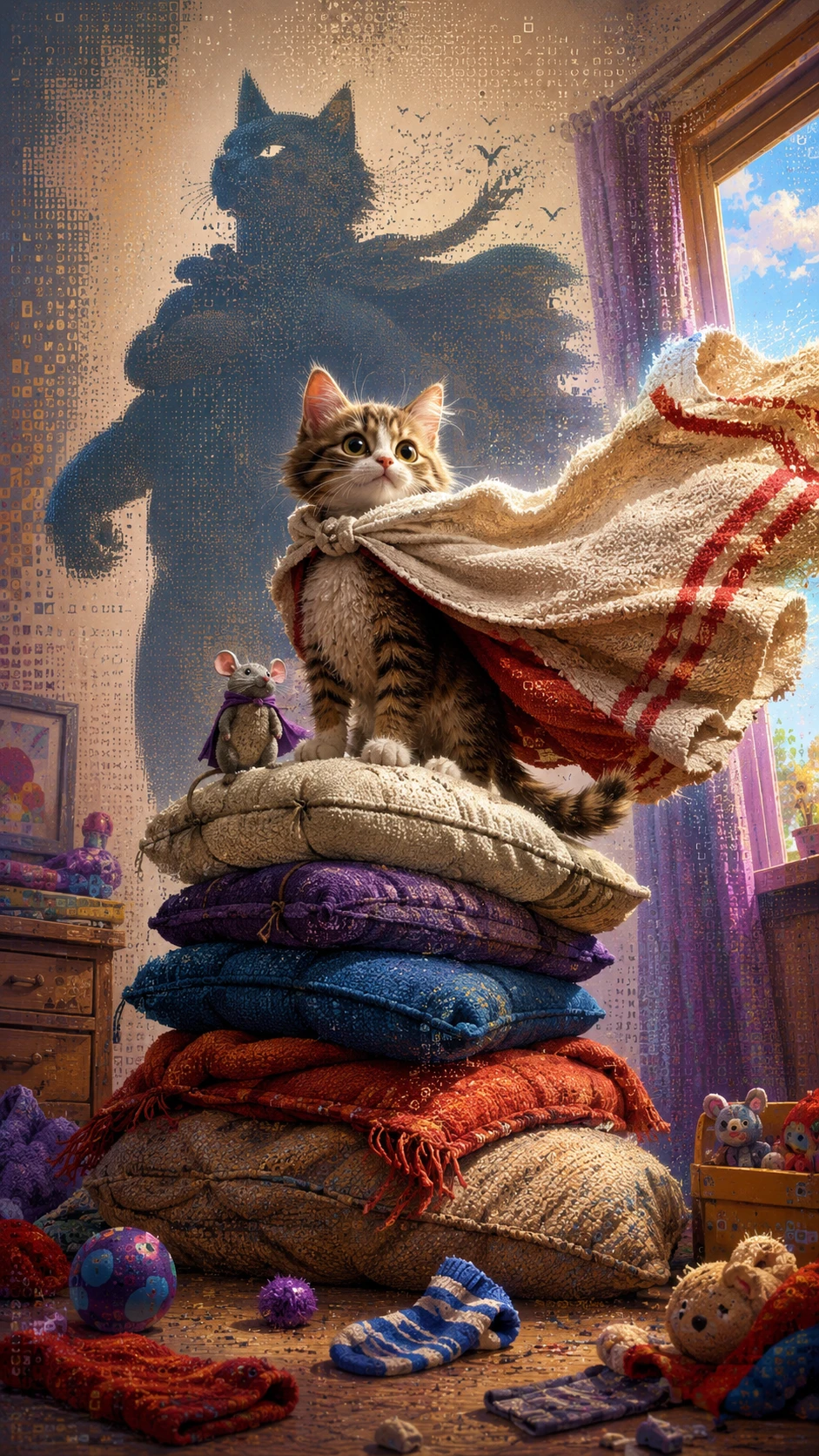 Gatinho heróico com capa de toalha no topo de uma torre de almofadas