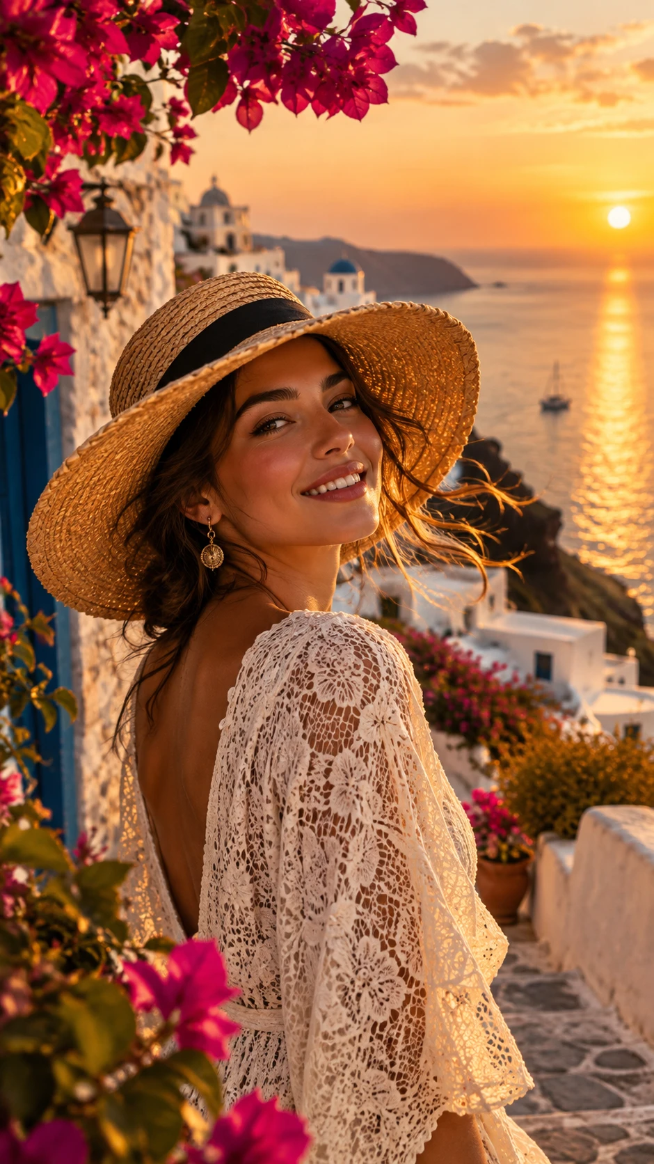 Femme élégante au chapeau de paille dans un village en bord de mer au coucher du soleil