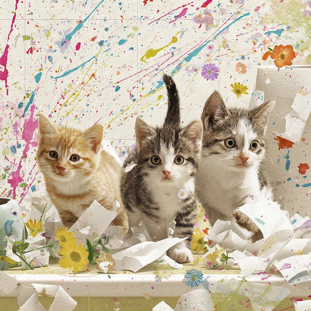 Chatons joueurs dans une salle de bain féerique avec du papier toilette volant