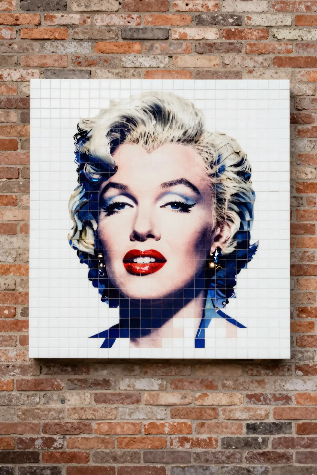 Portrait mosaïque coloré de Marilyn Monroe sur mur de briques