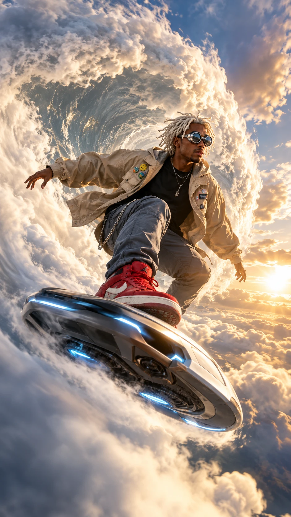 Futuristic surfer riding a hoverboard through towering clouds