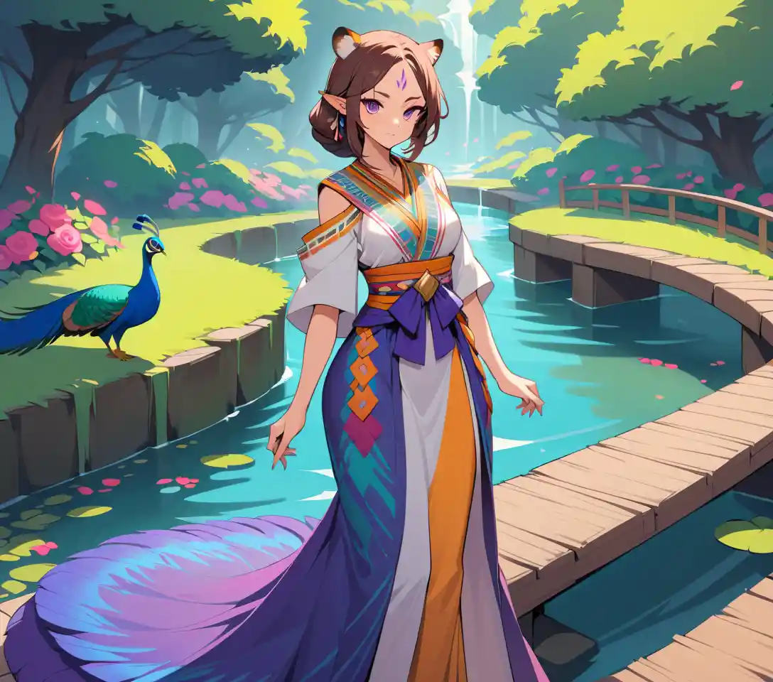 Mystical tigress woman standing in a vibrant rose garden