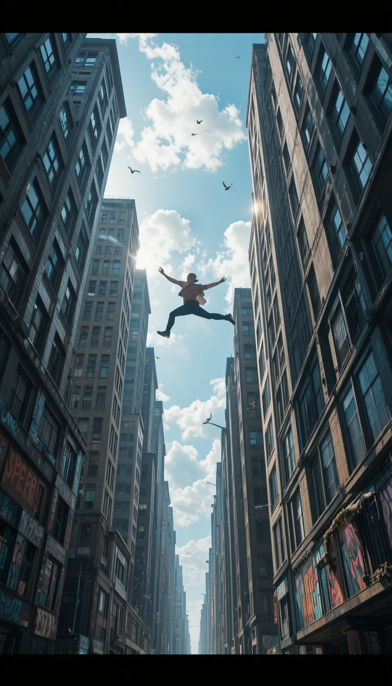 Atleta de parkour surcando entre rascacielos de la ciudad al amanecer