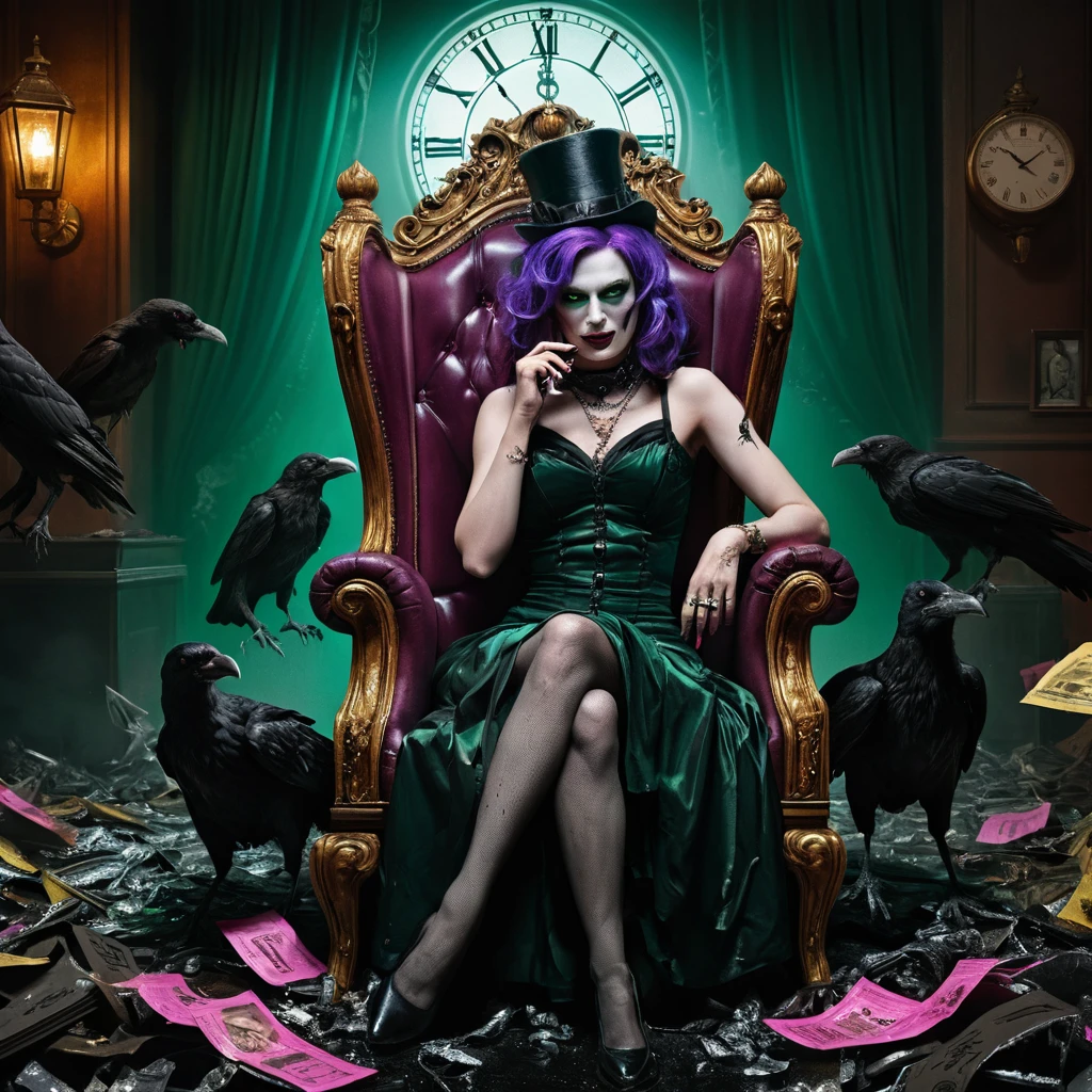 Rainha caída em um boudoir gótico surreal de humor negro