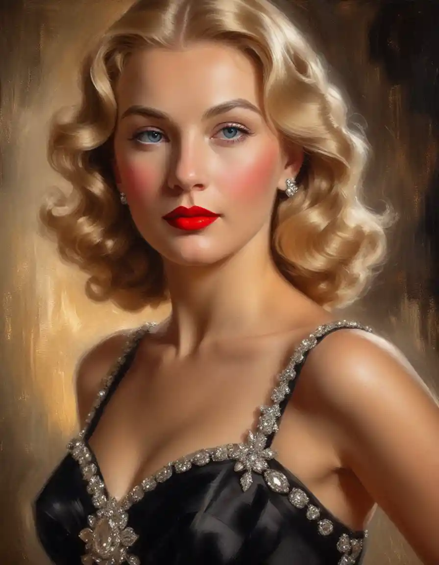 Glamouröse blonde Frau in einem vintage schwarzen Abendkleid
