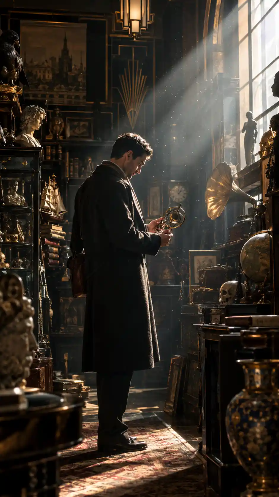 Uomo solitario in un negozio di antiquariato in penombra con pulviscolo fluttuante