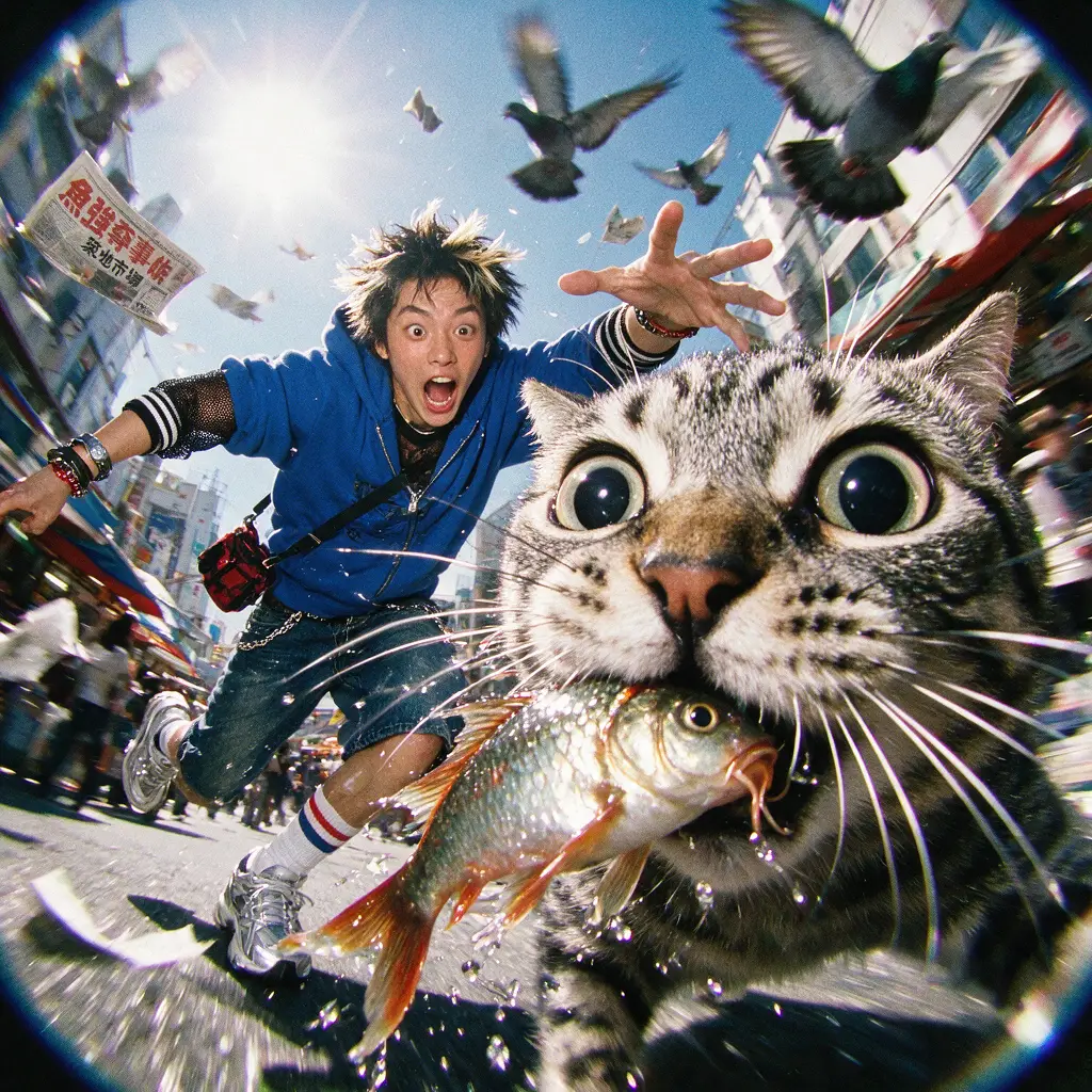 Chaotic cat chase on a busy city street