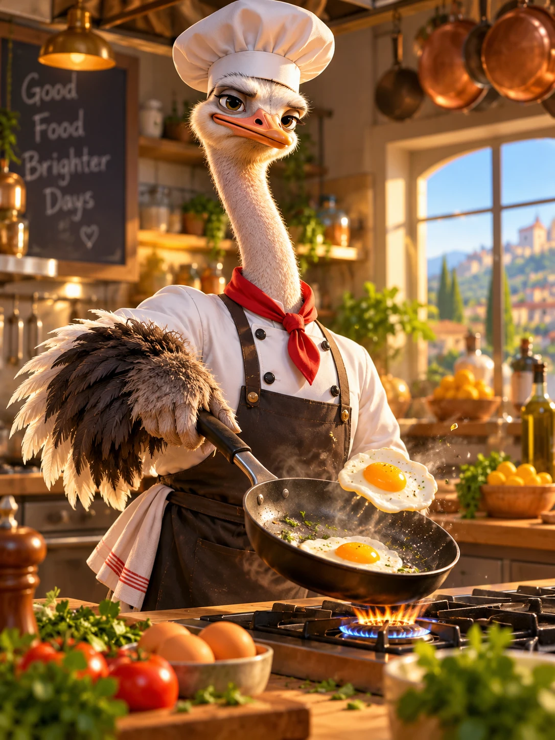 Avestruz chef 3D em estilo Pixar fritando ovos na cozinha