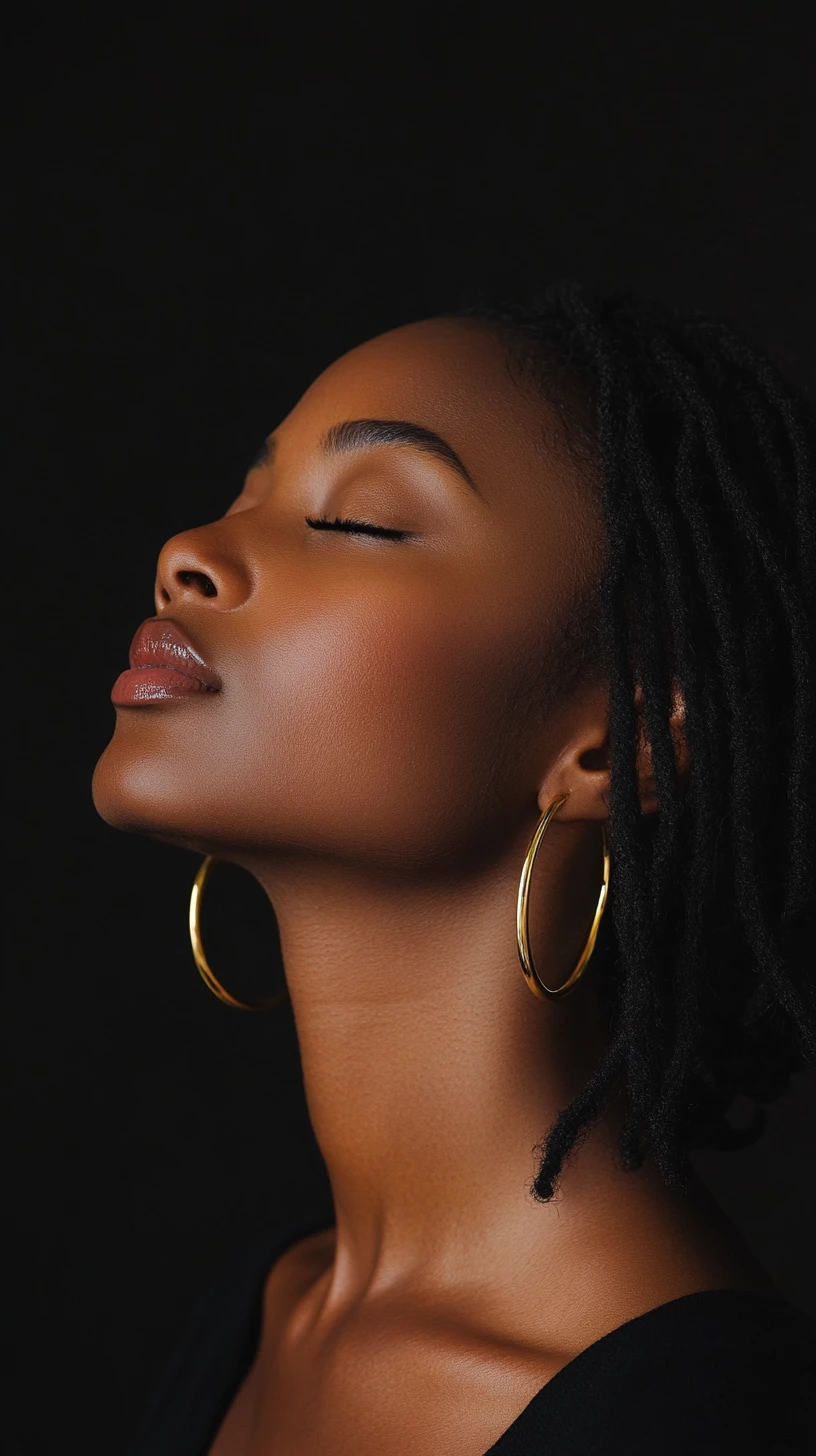 Close de perfil de uma mulher negra serena em luz de claroscuro