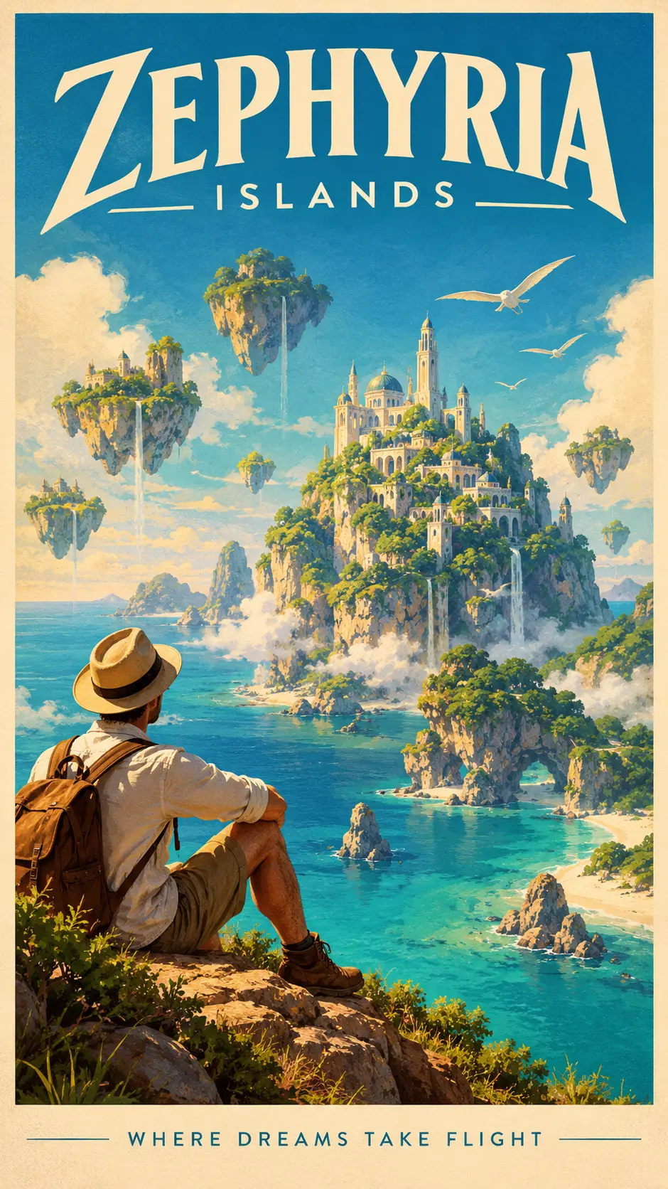 明亮幻想旅程目的地的復古旅遊海報