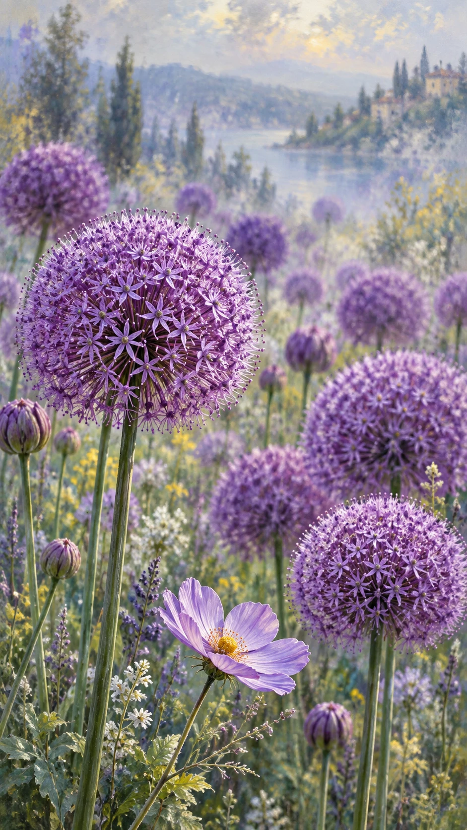 Lila Allium-Blumenfeld im weichen impressionistischen Stil