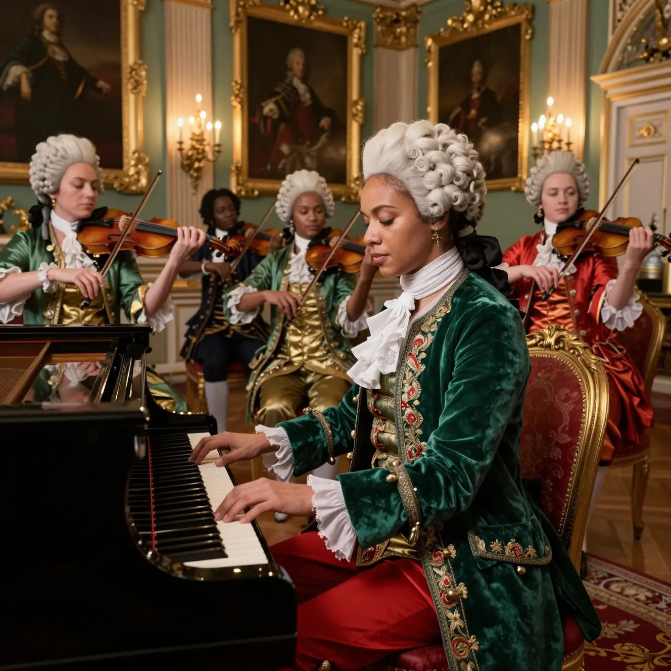 Elegante Frau, die in einem barocken Palastsaal Klavier spielt