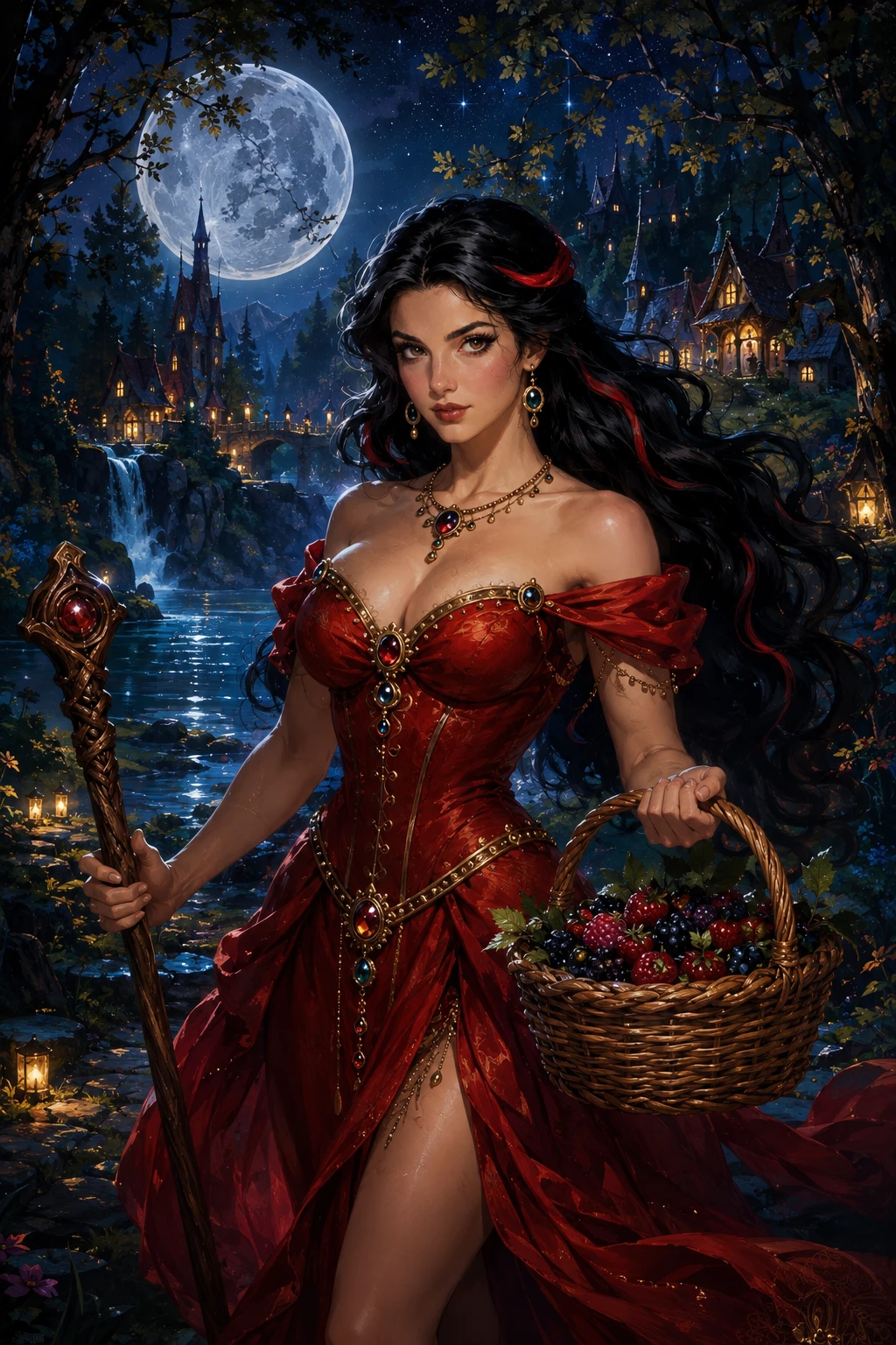 Chica de fantasía con bayas junto a un lago del bosque iluminado por la luna