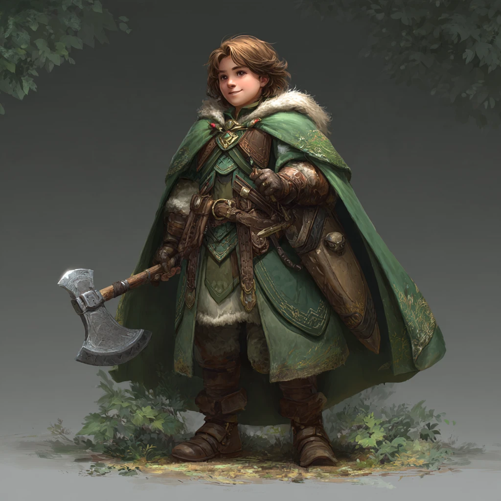 Paladina gioiosa in armatura verde che protegge una foresta