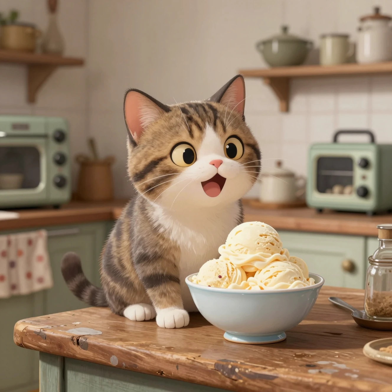 Gato de desenho animado em uma cozinha retrô de olho em uma tigela de sorvete
