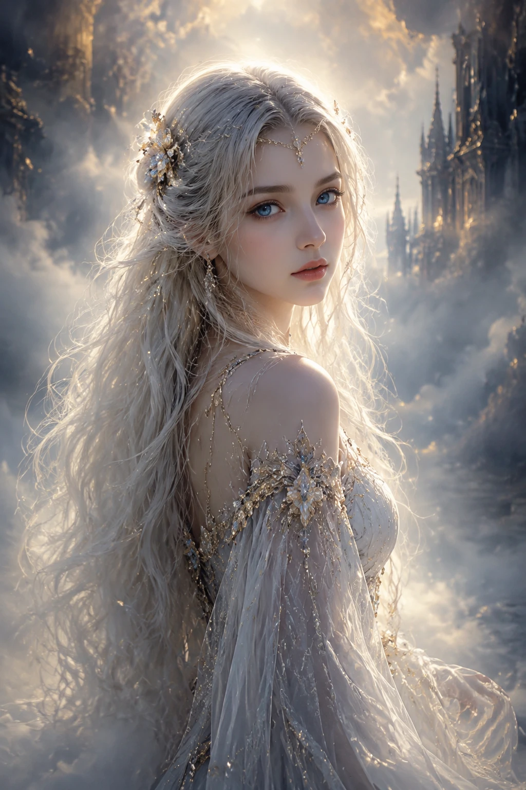 Ethereal woman glowing softly in a mystical golden fog