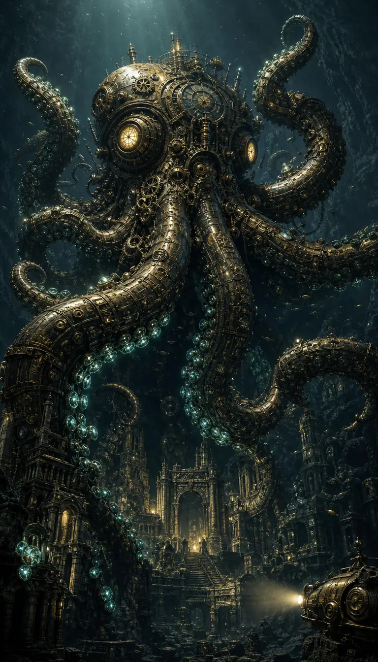 Clockwork kraken rising from a steampunk abyssal trench