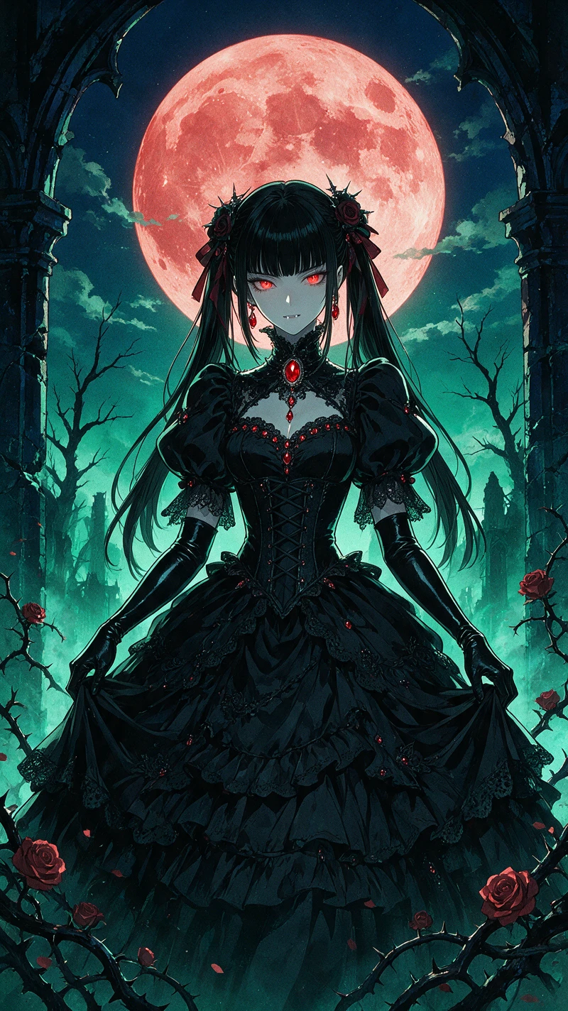 Gotische Vampirfrau vor einem korallenfarbenen Vollmond