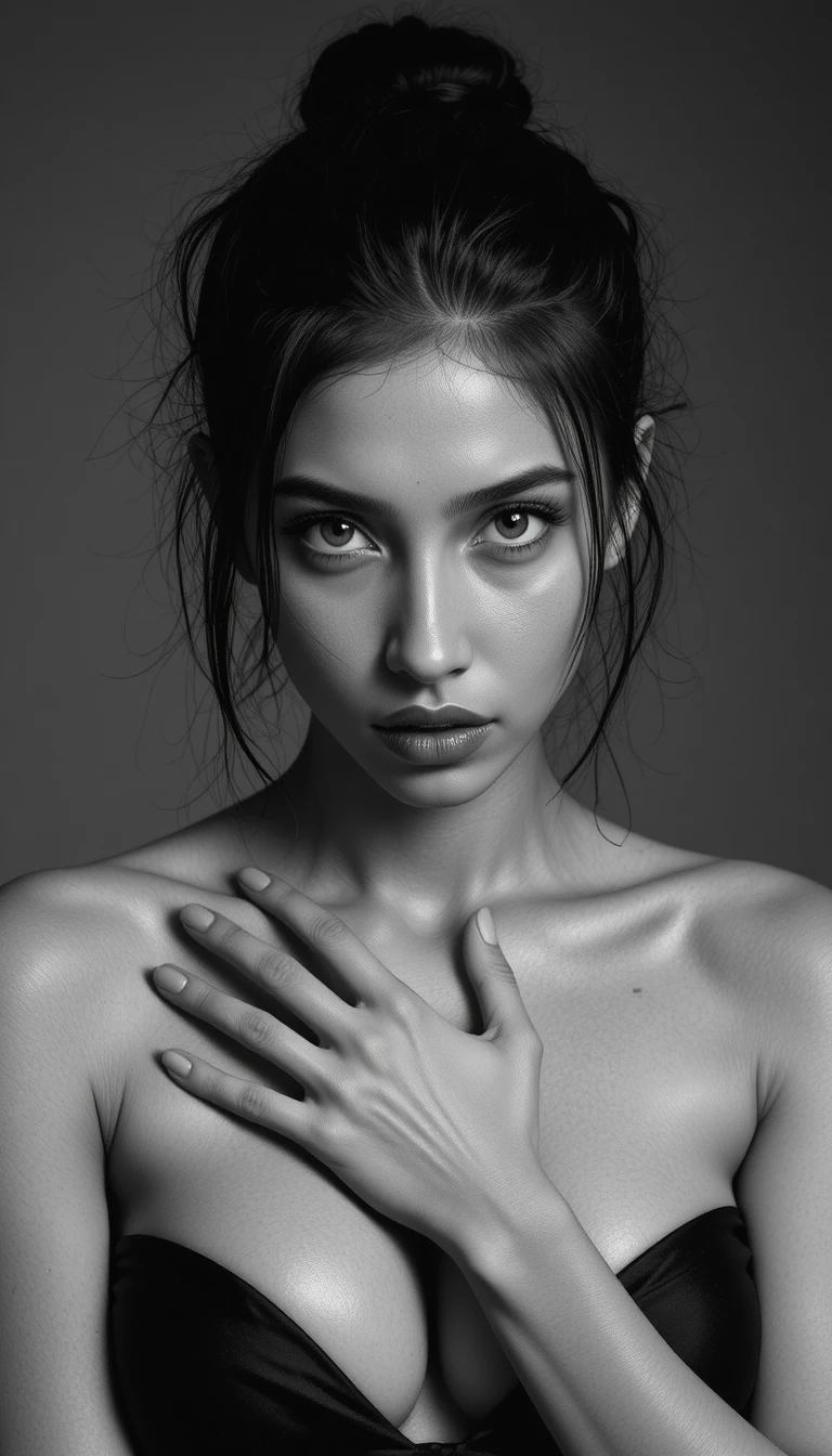 Intense black and white portrait of a young woman
