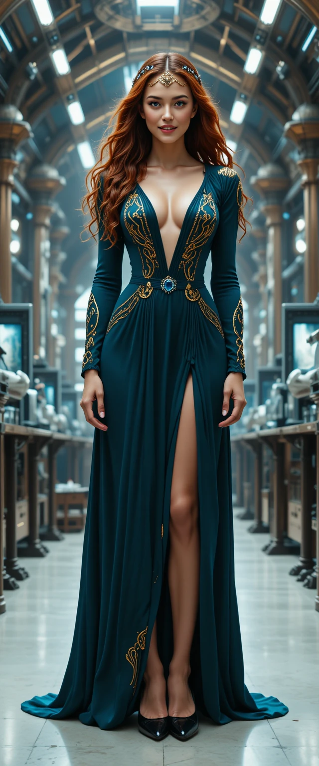 Mulher ruiva sorridente em vestido verde-azulado de frente para a câmera