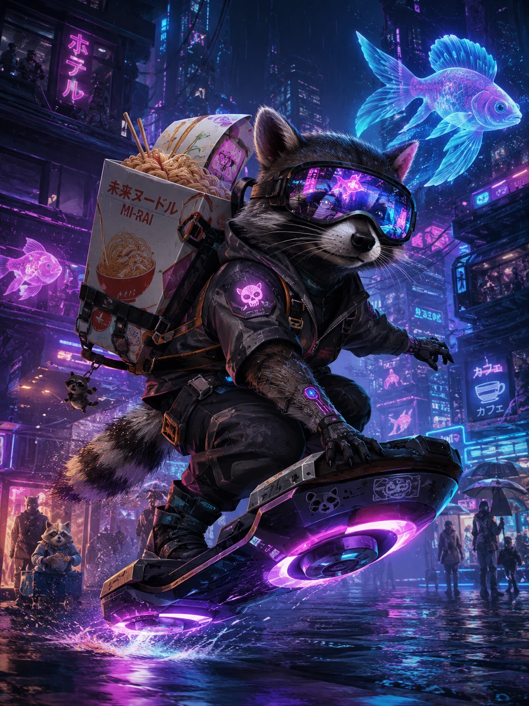 Guaxinim mensageiro cyberpunk anda de hoverboard por becos de néon