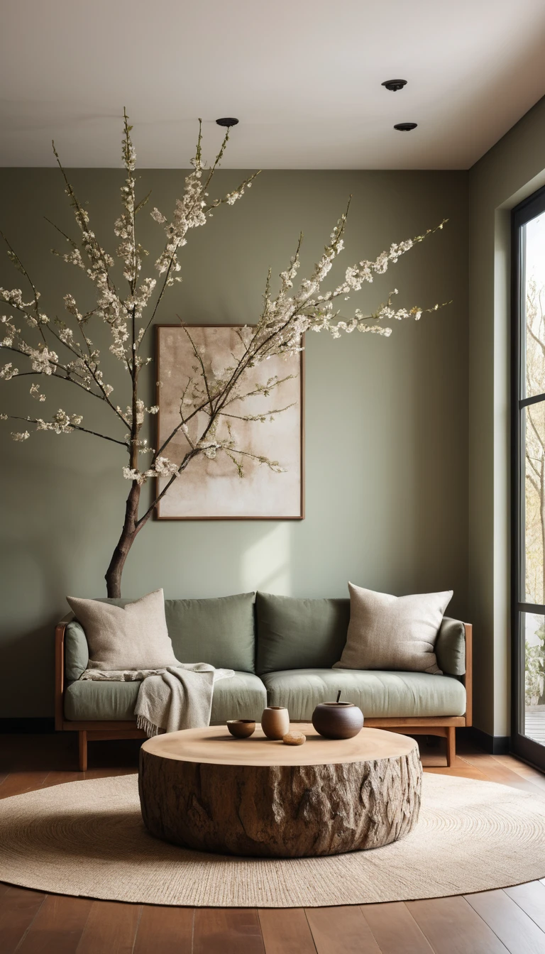Minimalistisches Zen-Wohnzimmer mit Sofa und Wandkunst