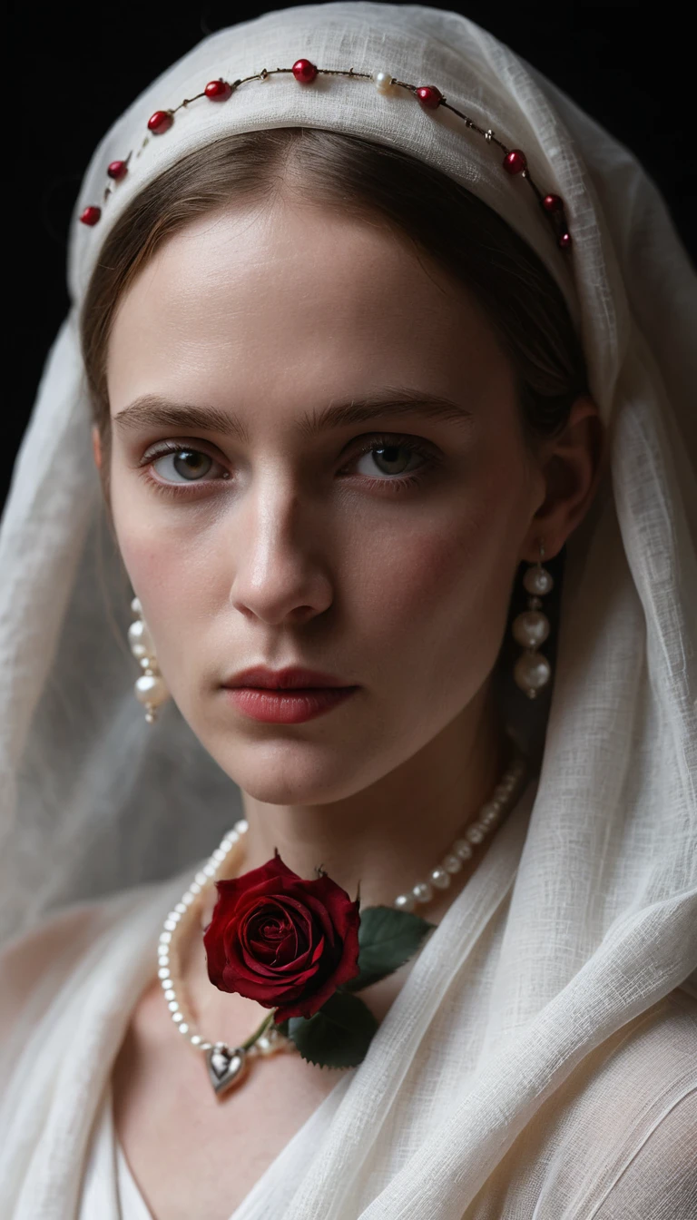 Donna bendata con rose e perle in una luce drammatica