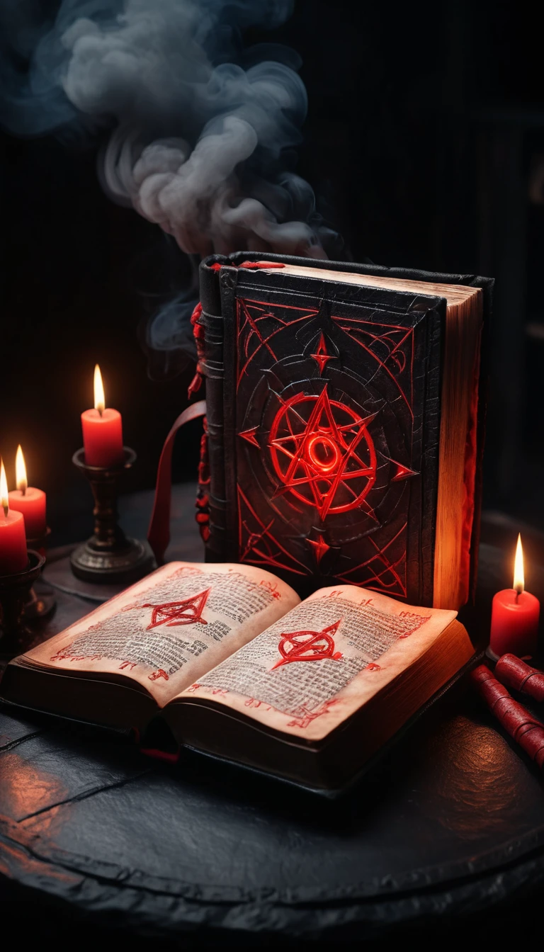 Ancien livre occulte aux runes rouges lumineuses sur un autel sombre