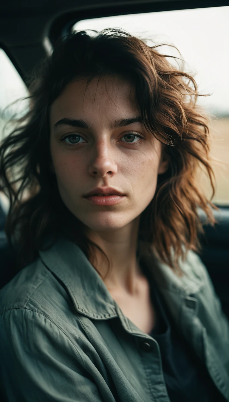 Wistful young woman in a car close up portrait