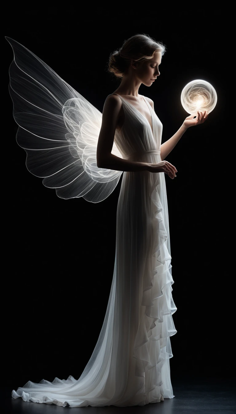 Mulher com orbe brilhante e asas etéreas de luz