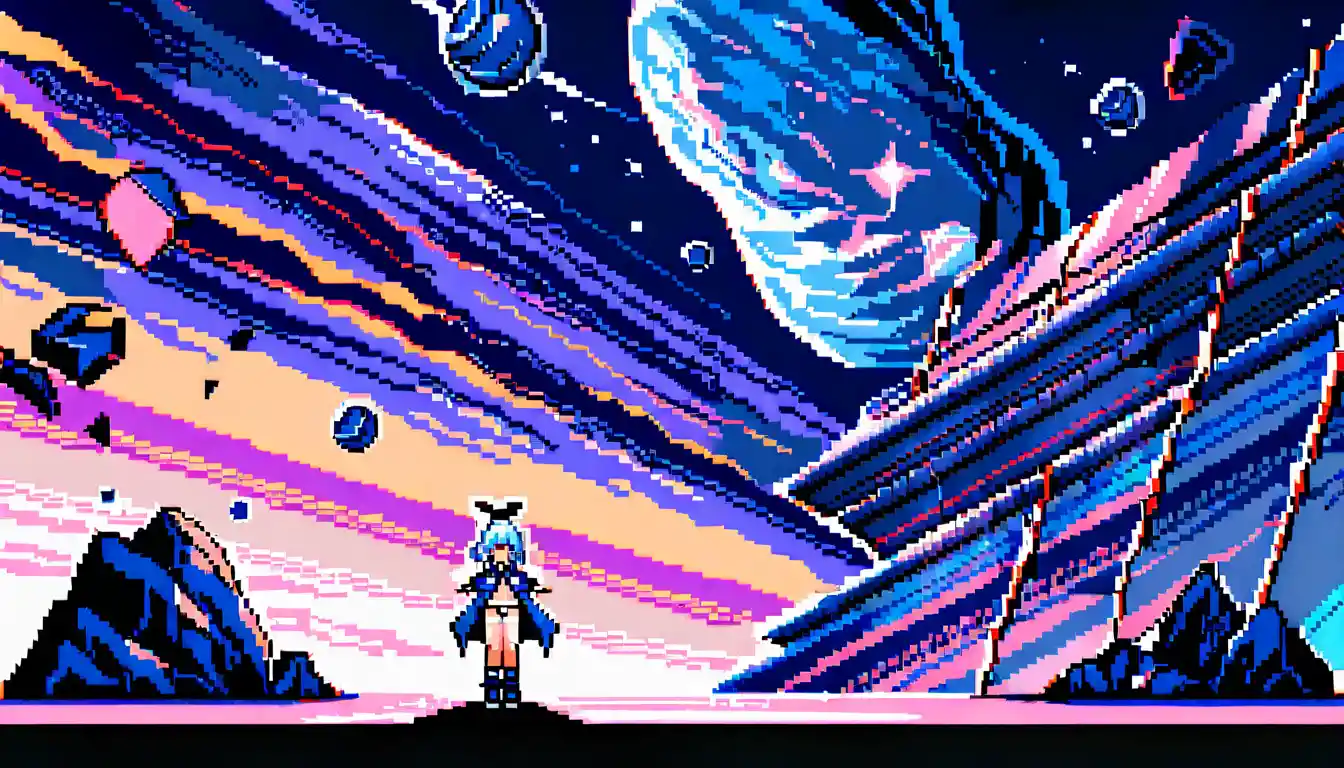 Anime-Mädchen in knapper Unterwäsche in einer futuristischen Pixelstadt-Straße