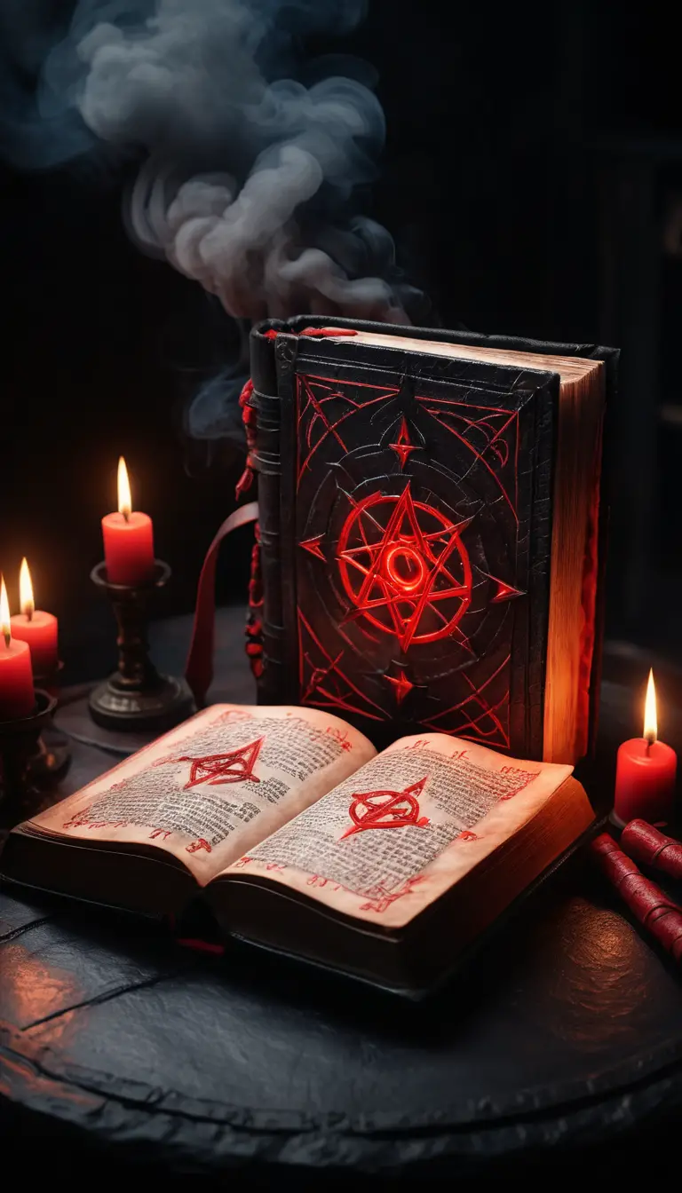 Antikes Okkultbuch mit leuchtenden roten Runen auf dunklem Altar