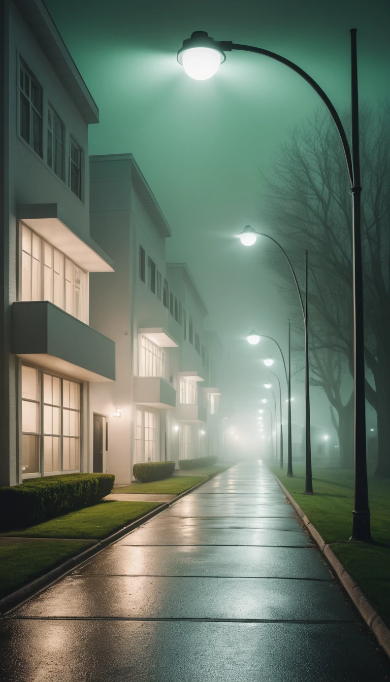 Strada suburbana sotto un soffitto infinito a griglia luminosa nella nebbia