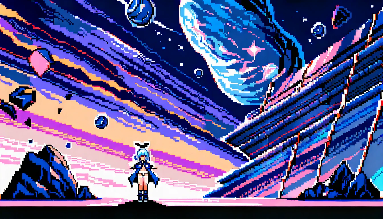 Garota de anime com calcinha reveladora em rua de cidade futurista em pixel art