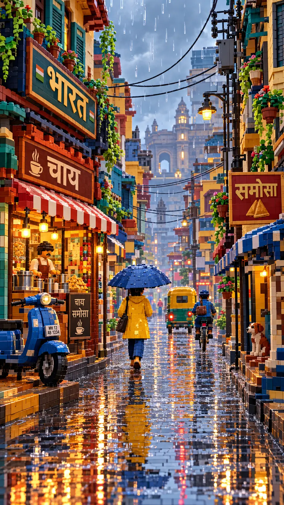Rua de tijolos em cidade indiana na chuva de monção com scooter
