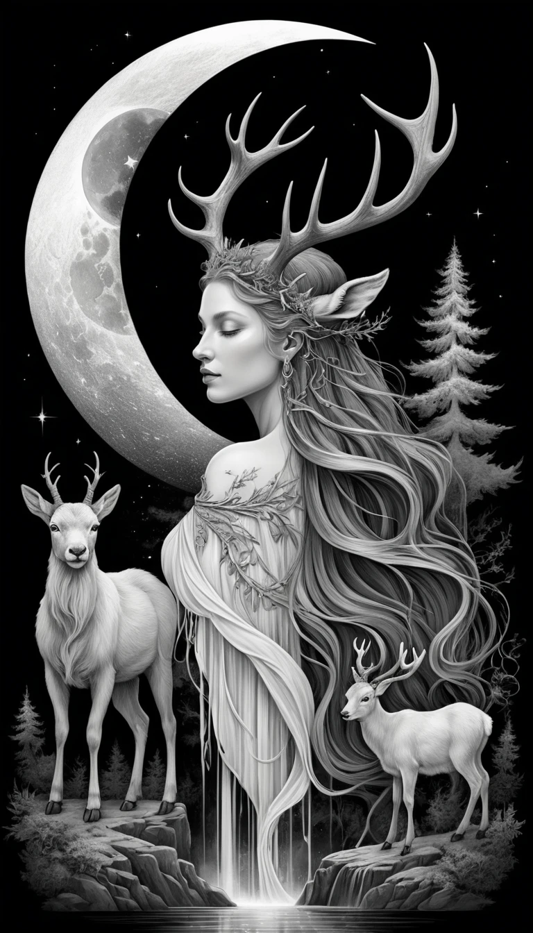 Diosa del bosque con astas, cabello a la luz de la luna y animales