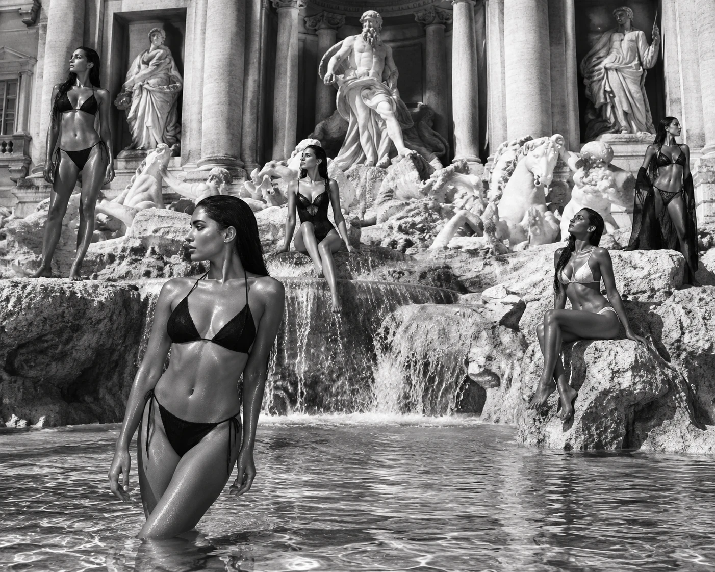 Mulheres de maiô posando na grandiosa Fontana di Trevi