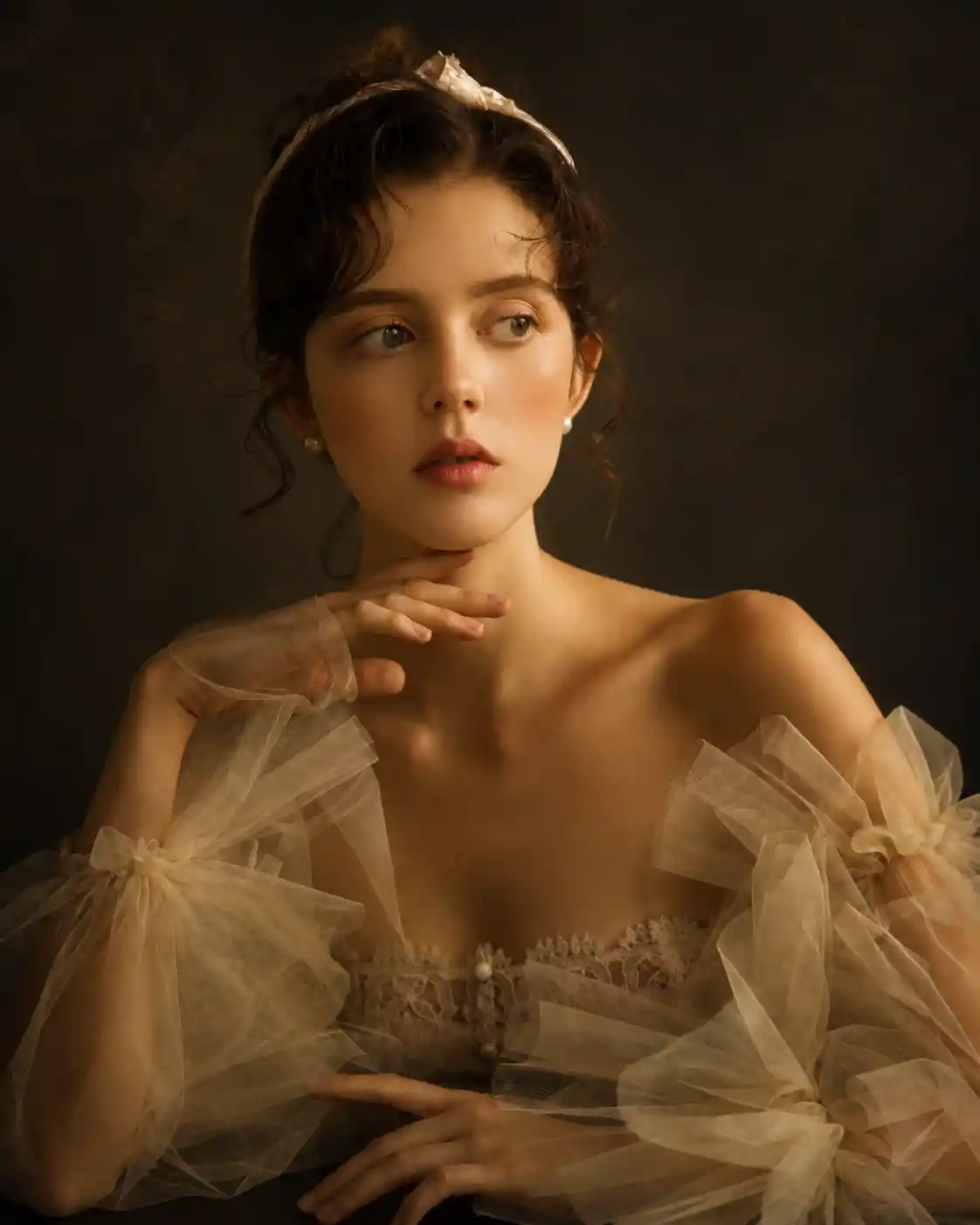 Dramatic baroque inspired close up portrait in deep shadow