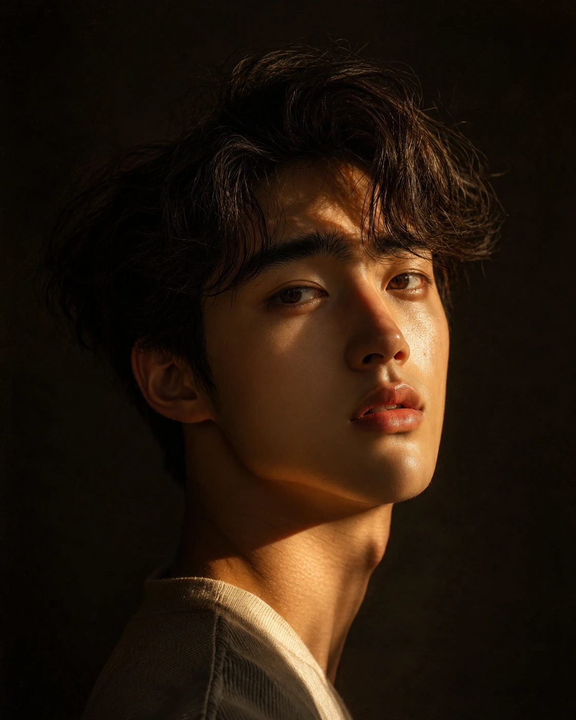 Baroque inspired close up portrait with dramatic chiaroscuro