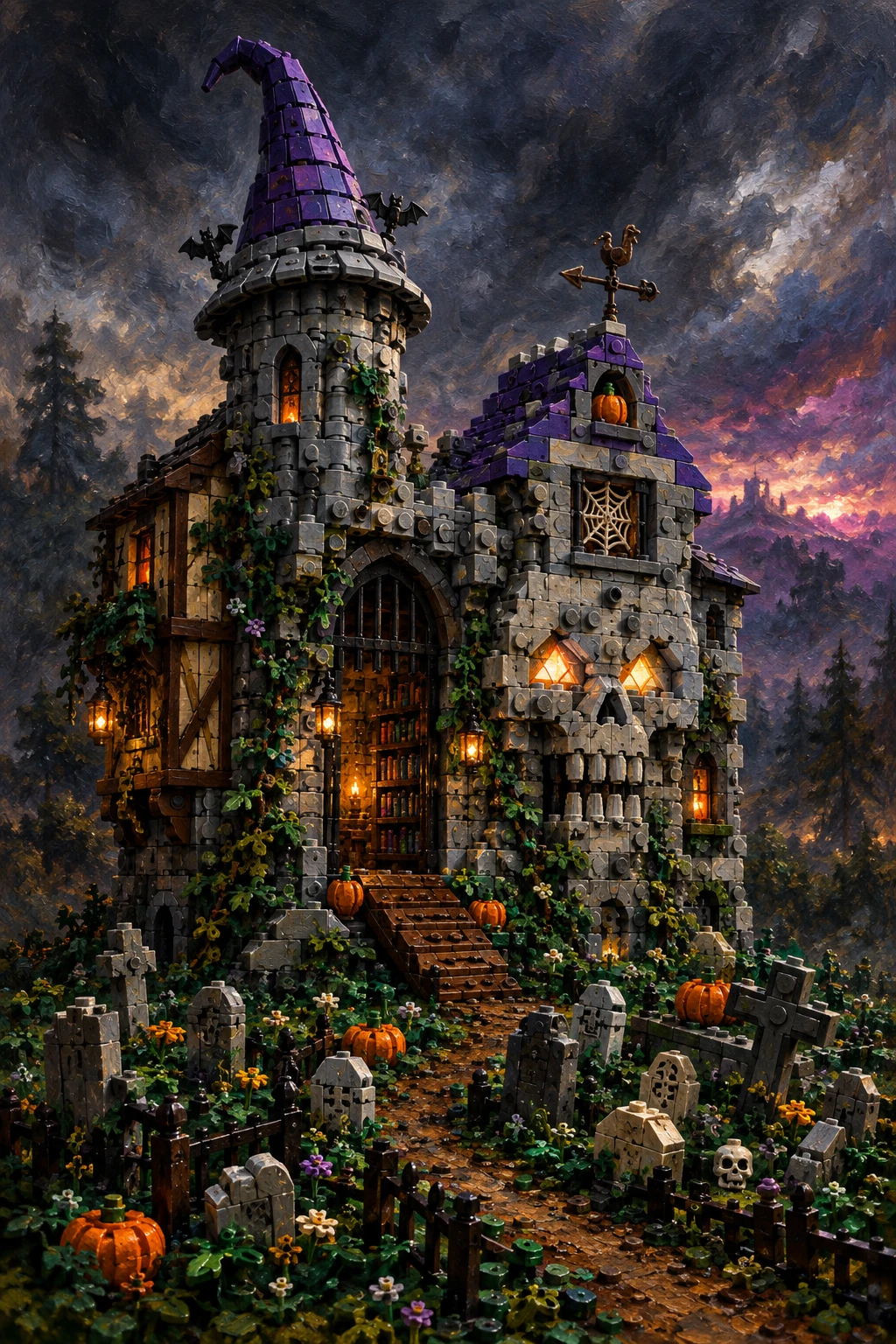 Castelo Assombrado de Lego ao Entardecer Tempestuoso com Cemitério – Pintura