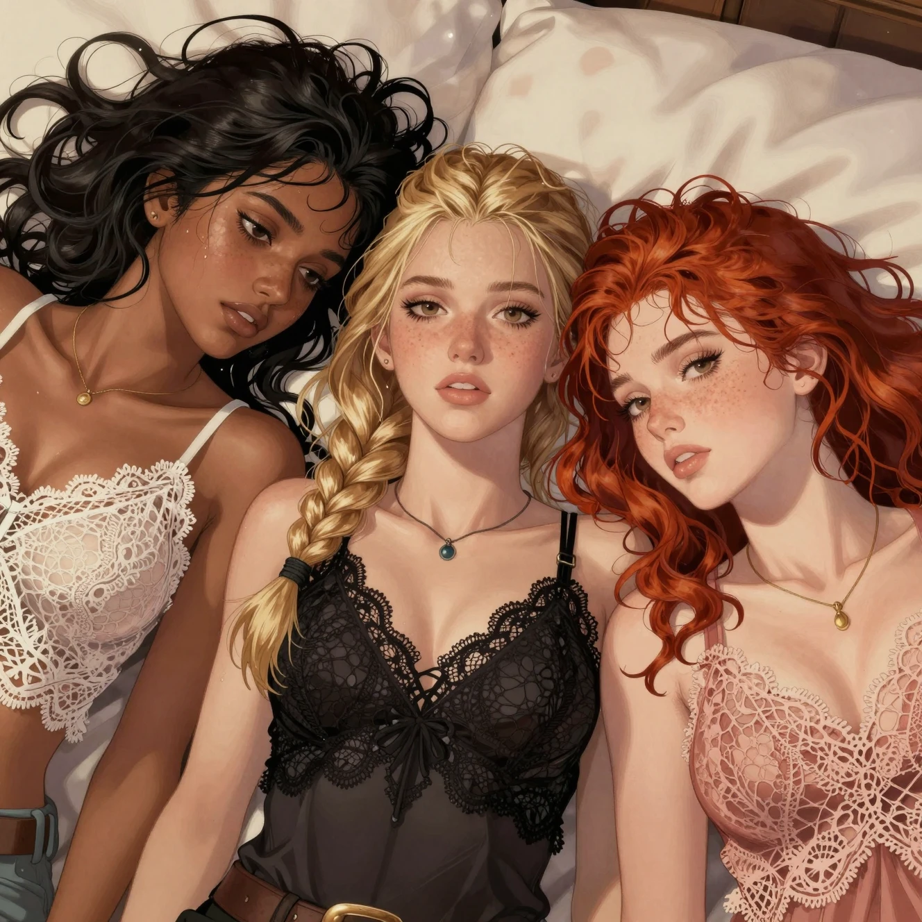 Tre donne dai capelli bagnati distese insieme su un letto