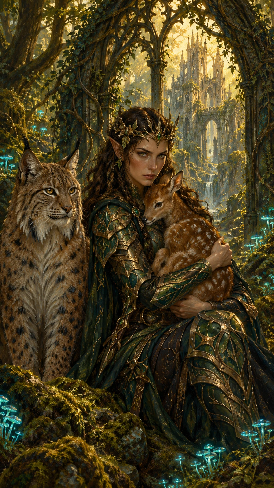 Reine guerrière féerique berçant un faon dans une forêt ancestrale