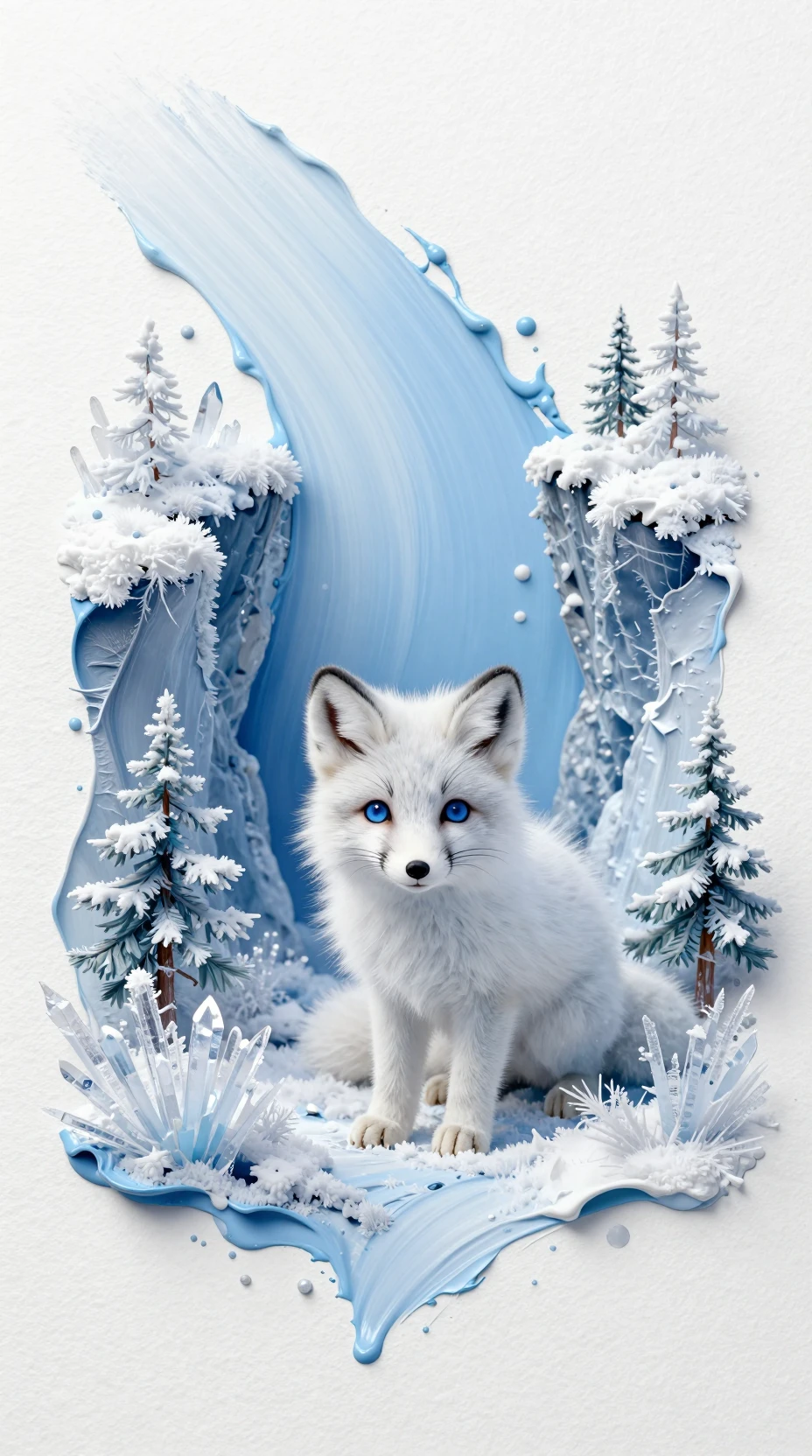 Pequena raposa-do-ártico em um cânion em miniatura pintado de gelo surreal