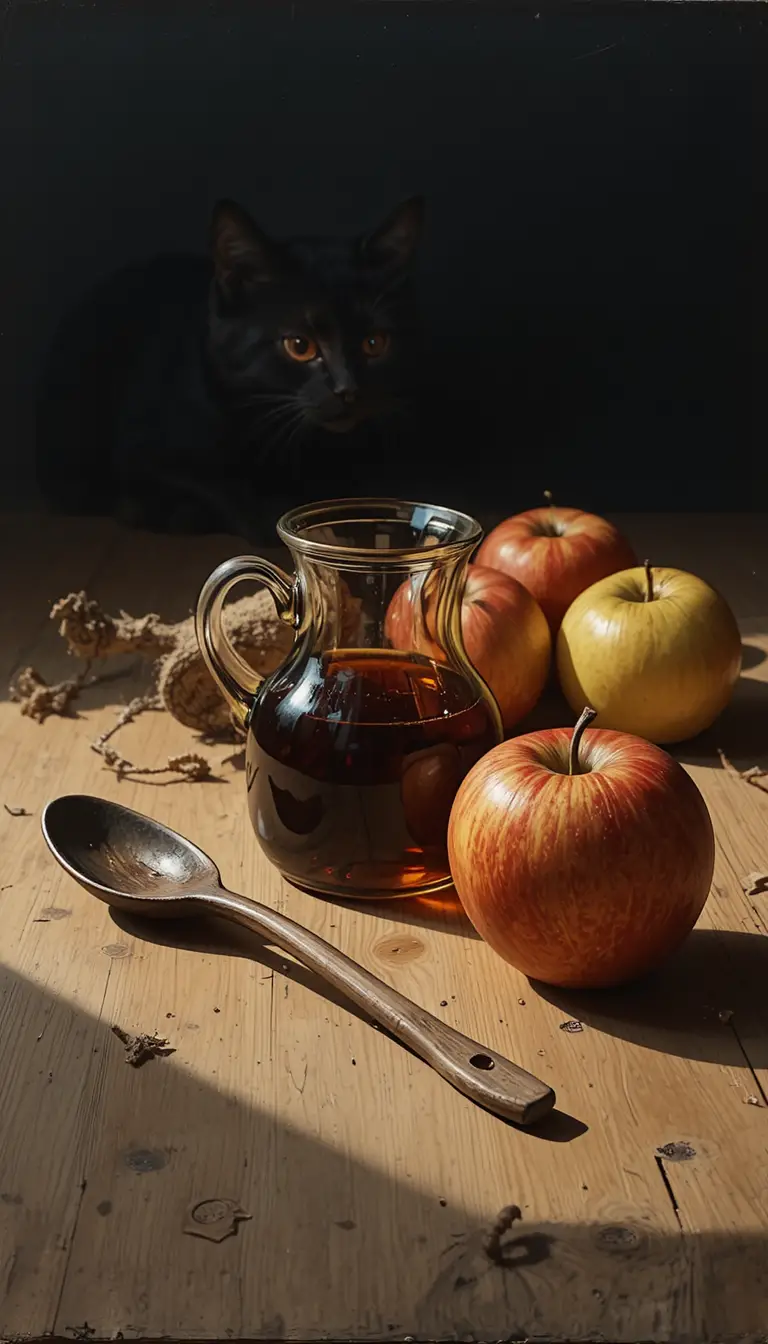 木桌上的蘋果與玻璃水瓶靜物畫