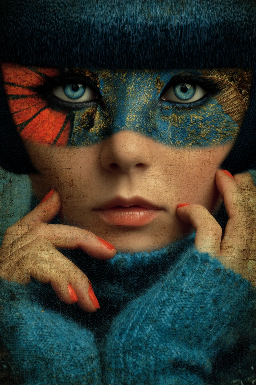 Surreal glamouröse Katze mit auffälligen blaugrünen Augen