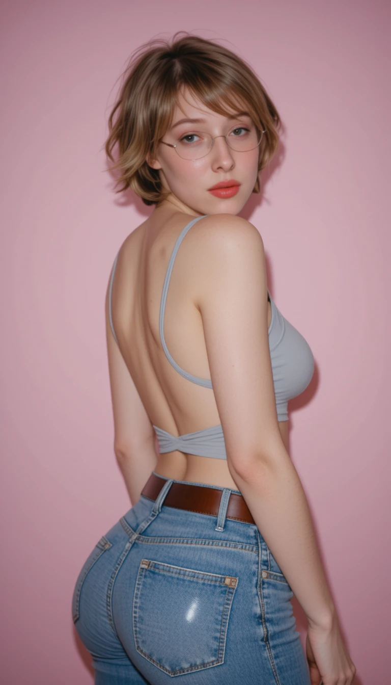 Mulher loira atlética de óculos posando de jeans de cintura baixa