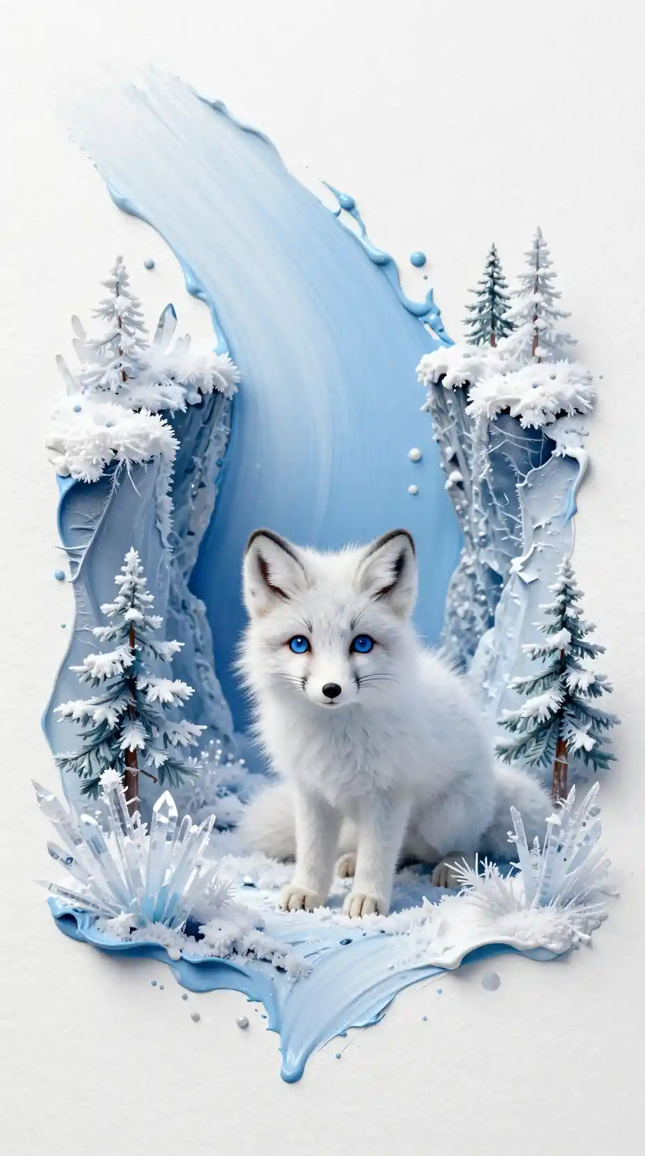 Minuscule renard arctique dans un canyon miniature de glace surréaliste