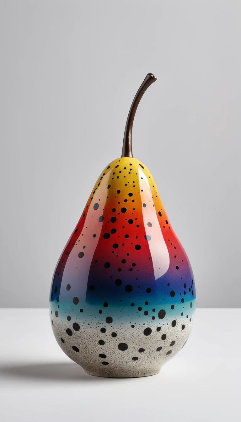 Escultura de cerámica brillante con forma de pera y puntos de esmalte de colores