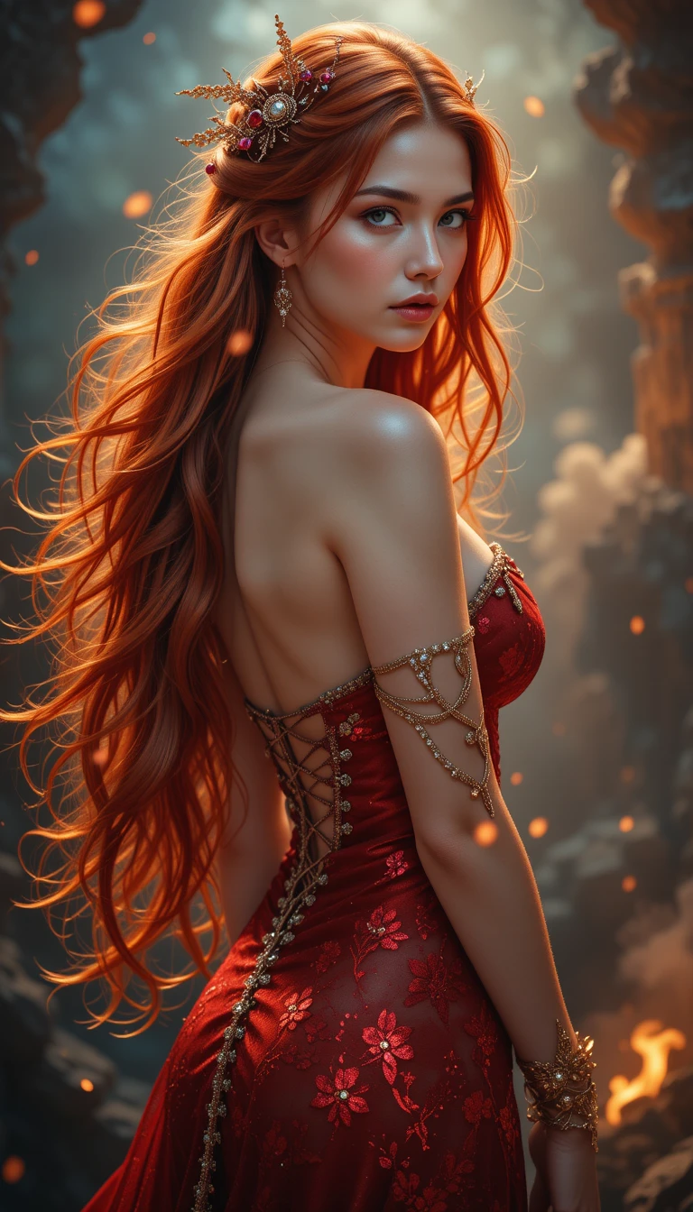 Donna fantasy dai capelli fiammeggianti in abito rosso gioiello