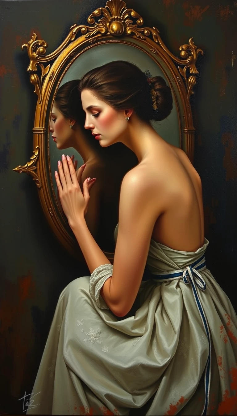 Mulher elegante sentada diante de um espelho antigo em pintura a óleo